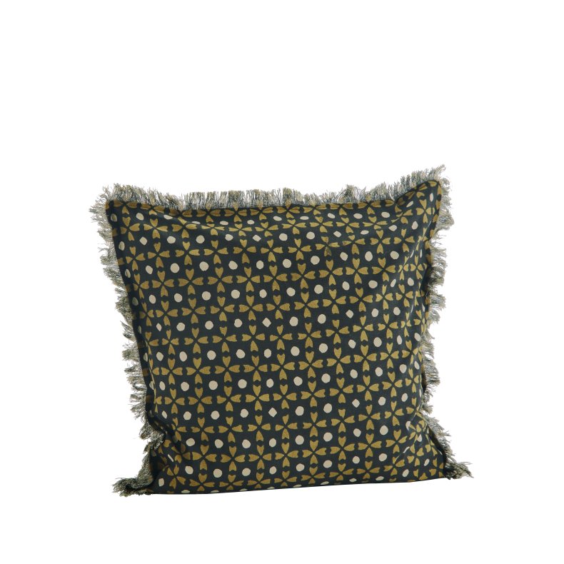 Pude med frynser -sort, sand og mrk karry med bloktryk - 50x50