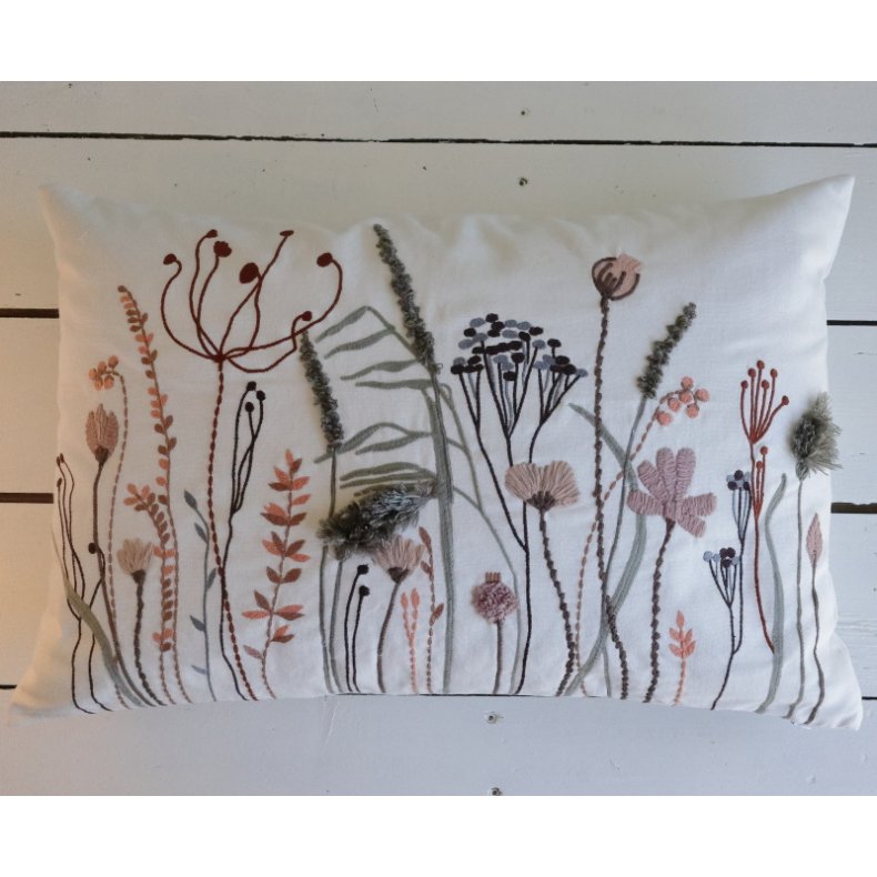 Pude - Medusa hvid/fersken  broderede vilde blomster 40x60